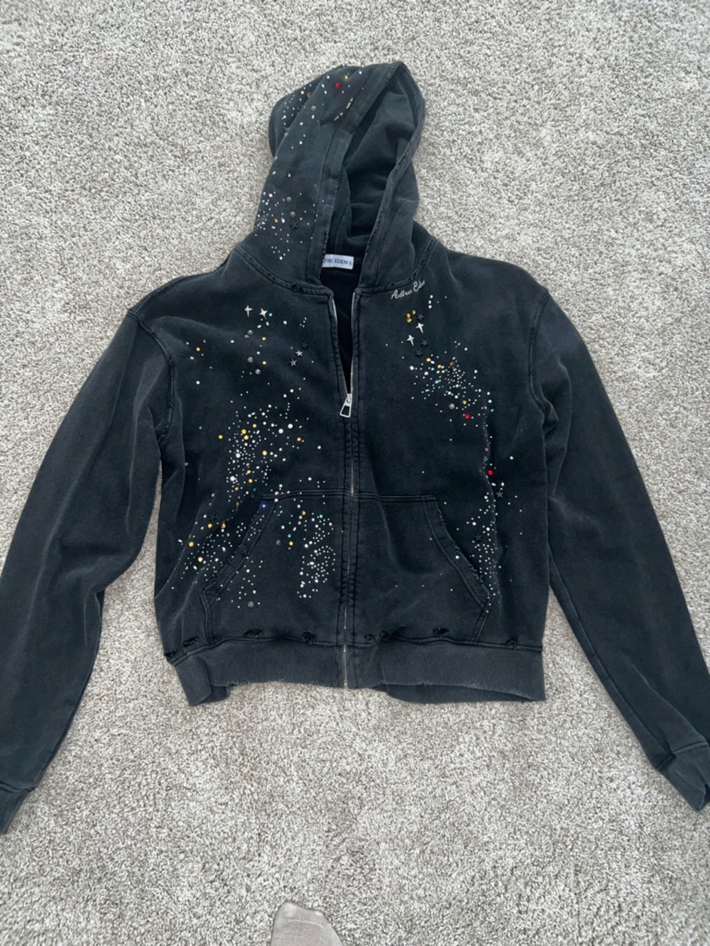 Aelfric Eden Black Zip-Up Hoodie with Multicolor Paint Splatter
